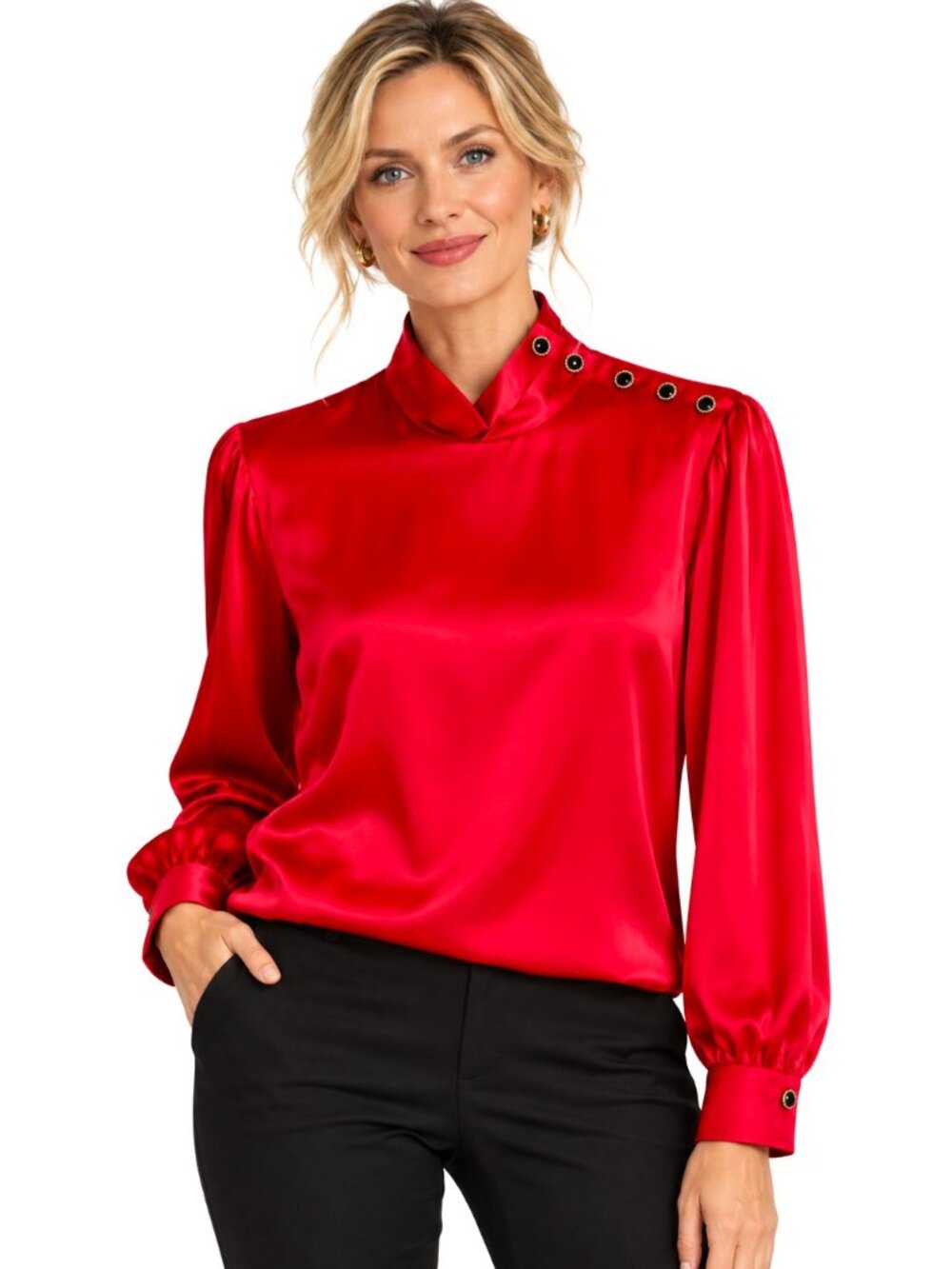 Liz Claiborne Red Silk Black Button Shoulder Blouse